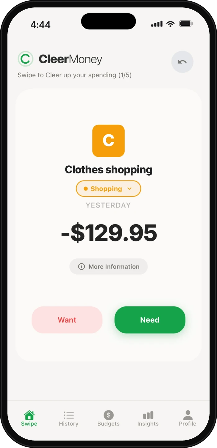Swipe screen showing a $129.95 clothes shopping purchase in the Shopping category, with Want and Need buttons.